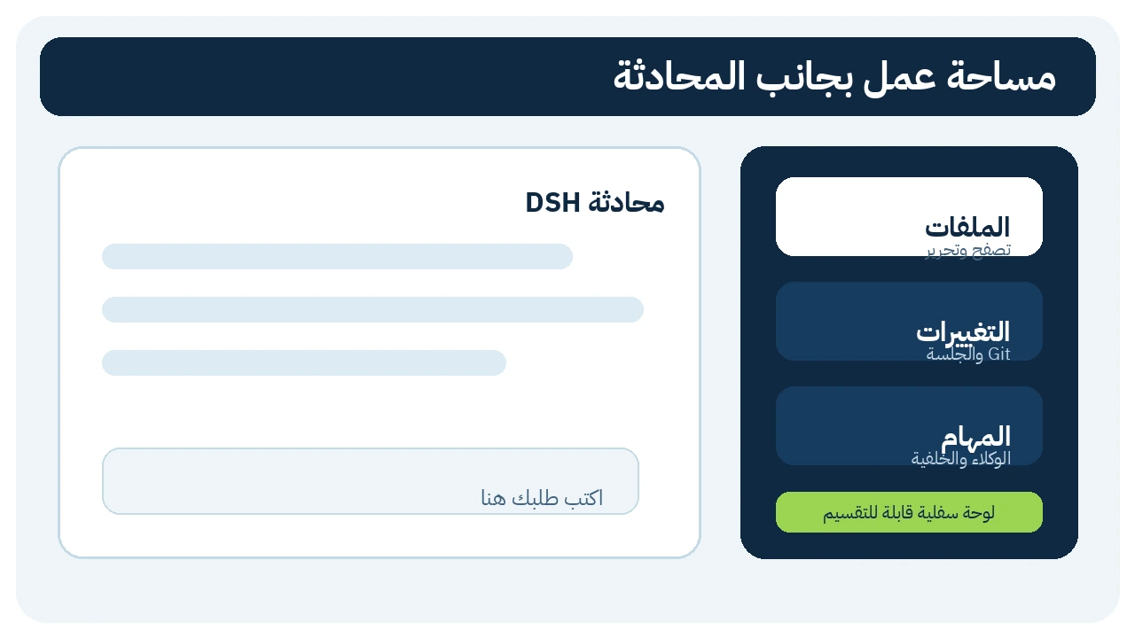 مساحة عمل DSH بجانب المحادثة مع تبويبات الملفات والتغييرات والمهام