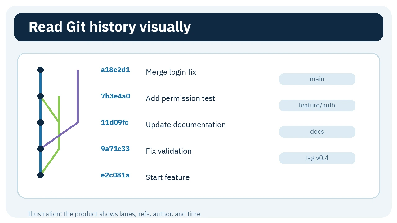 Illustrative Git lanes, refs, and commit subjects