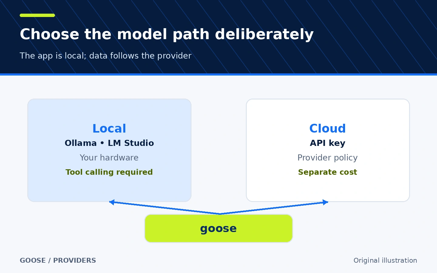 Two goose paths: a local model through Ollama and a cloud provider through an API key, with different cost and data routes