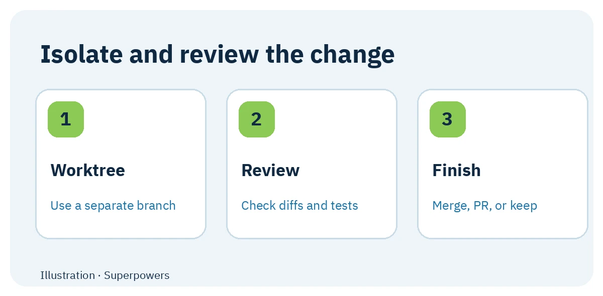 Separate worktree, review, and branch completion
